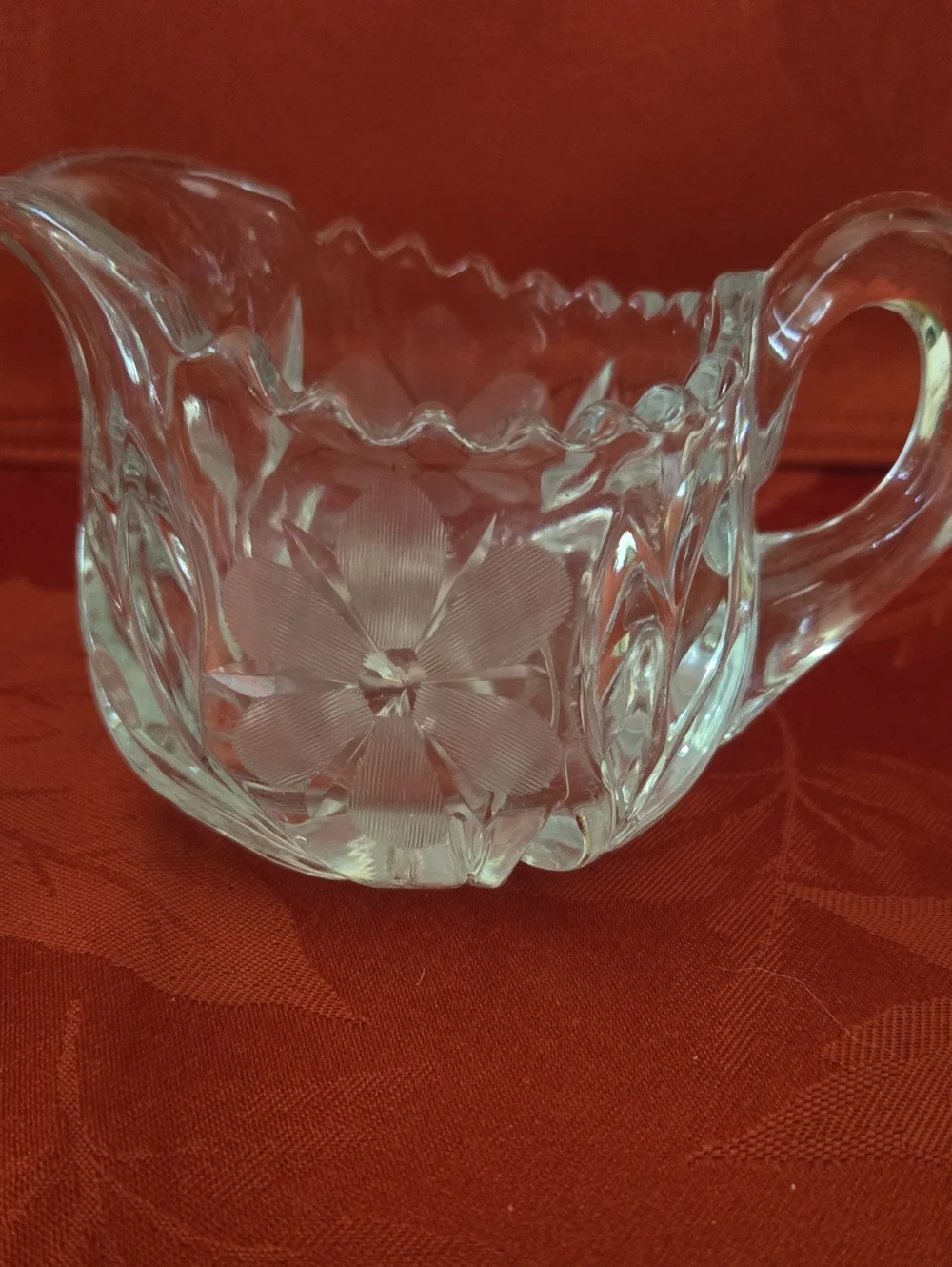 EAPG Etched Glass Creamer and Sugar Set With Sawtooth Edge And Daisy Pattern